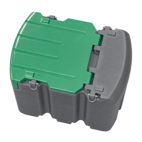 gázolajtartály, szállítható gázolajtartály, 600 liter gázolajkút, ADR mentes, szürke tartály, zöld tetővel, zárható védőtető